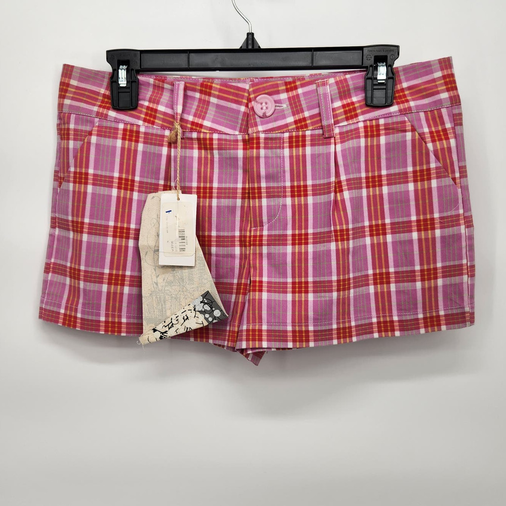 NWT PAG Pink & Yellow Mid-Rise‎ Plaid Preppy Shorts Juniors Women's  7